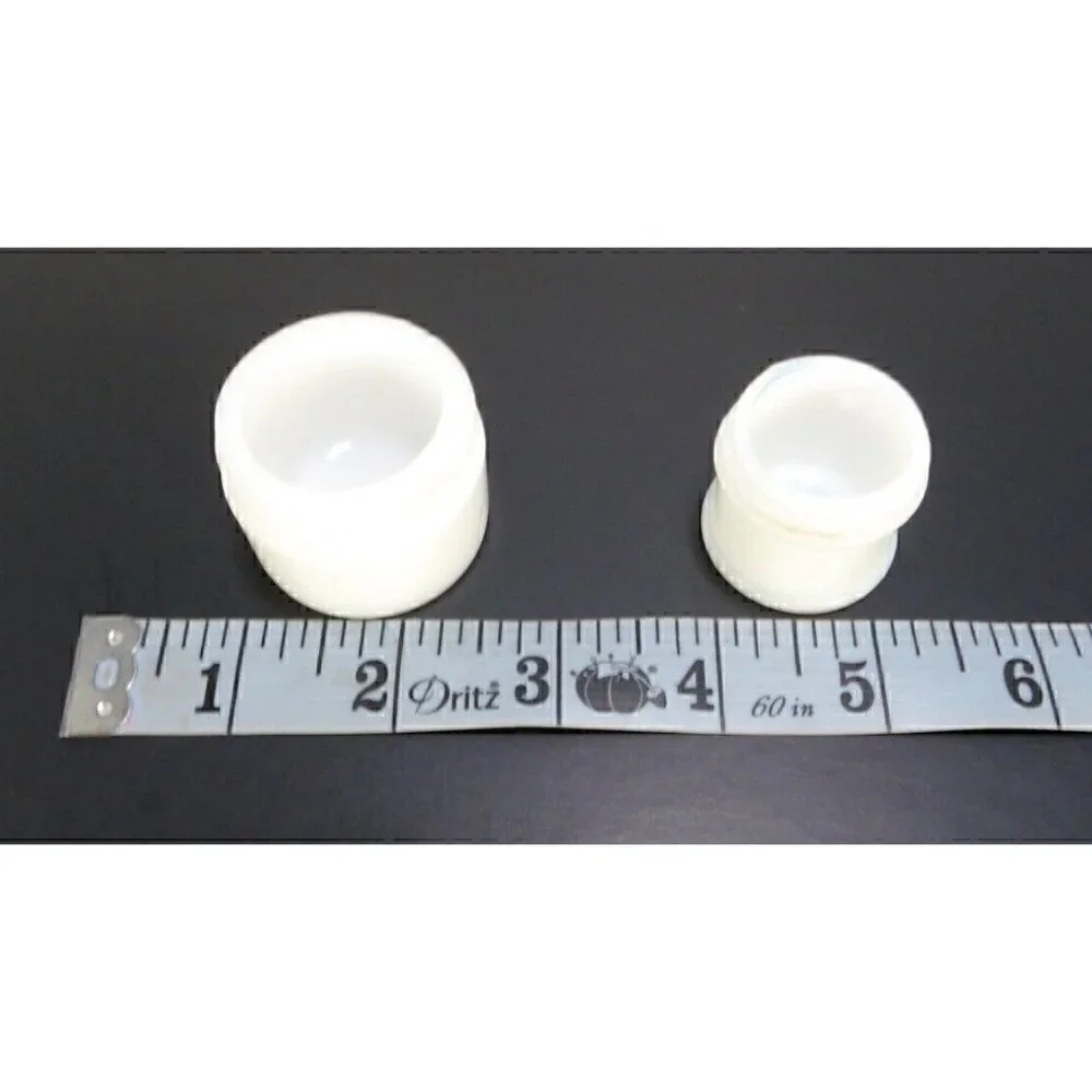 Two vintage tiny white glass makeup, face cream jars with screw on lids